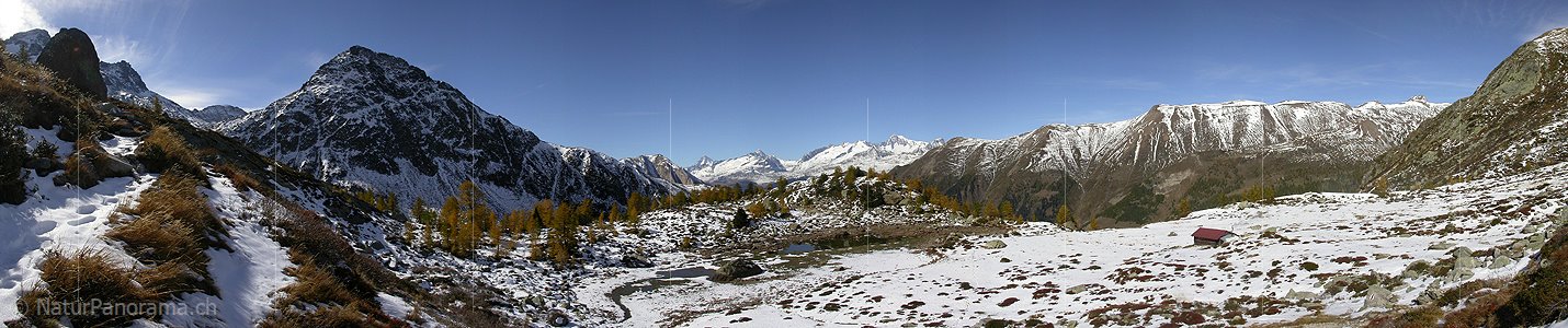 P000111: Panoramabild Erster Schnee am Mässersee, Binntal
