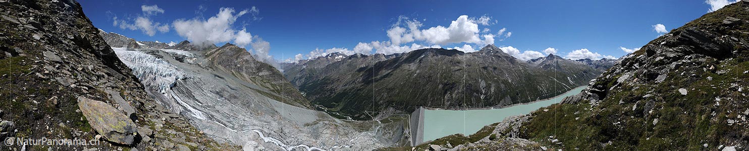 P003962: Panoramic image Glacial demolition Allalin glacier and Mattmark dam