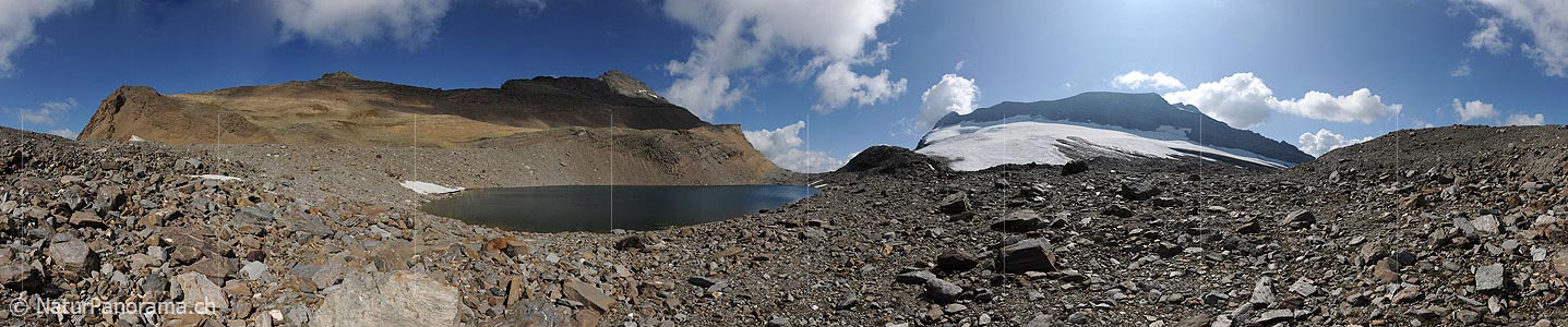 P005553: Panoramic picture of a lake in a stone field