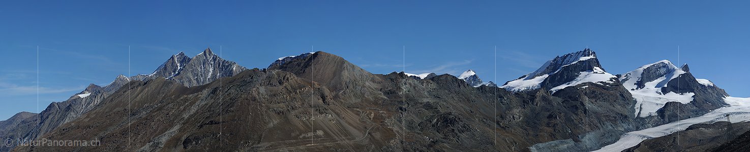 P006763d: Panoramabild Dom, Täschhorn, Alphubel, Allalinhorn, Rimpfischhorn und Strahlhorn