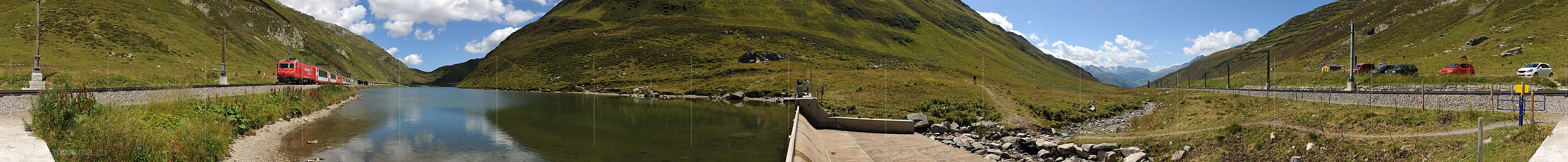 P008233: 360° panorama Glacier express train in the Oberalp lake.