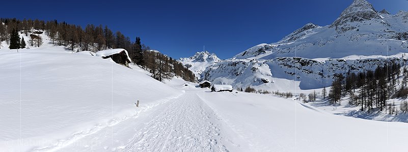 P012211: Panoramafoto Winterlandschaft mit Ofenhorn und kleinem Weiler