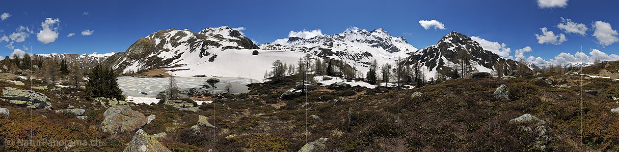 P014635: 360° Gigapixel-Panoramabild Eisbedeckter Bergsee in Naturlandschaft