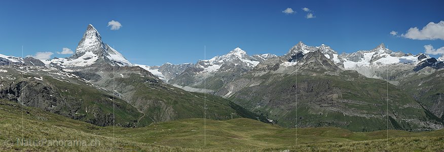 P014811f: Large panoramic photo of the Matterhorn, Dent Blanche, Obergabelhorn and Zinalrothorn