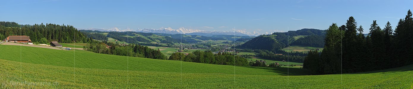 P016255b: Panoramafoto Grüne Hügellandschaft vor Alpenpanorama