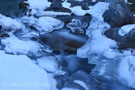 P017335a: Panoramafoto Kunstvoll geformte Eisgebilde am Rand eines Bergbachs