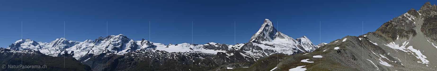 P018193g: Panoramafoto Monte Rosa, Liskamm, Castor, Pollux, Breithorn, Matterhorn and Dent d