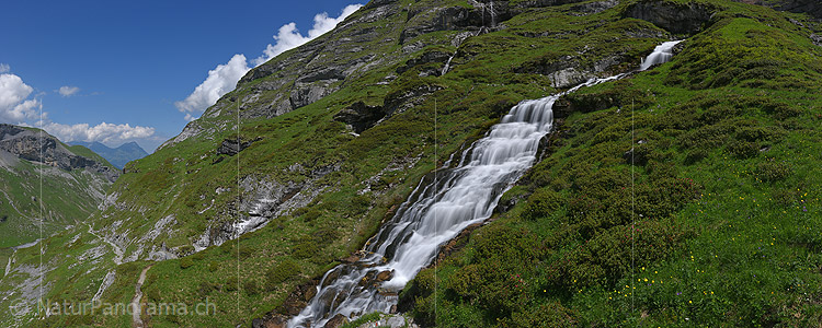P019943: Panoramic image Tiered waterfall in green landscape (long time exposure)