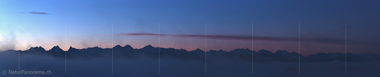 P020765: Panorama photo Bernese Alps with morning red and sea of fog