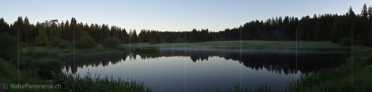P023031: Panorama photo Fine morning fog over moor lake (reflection)