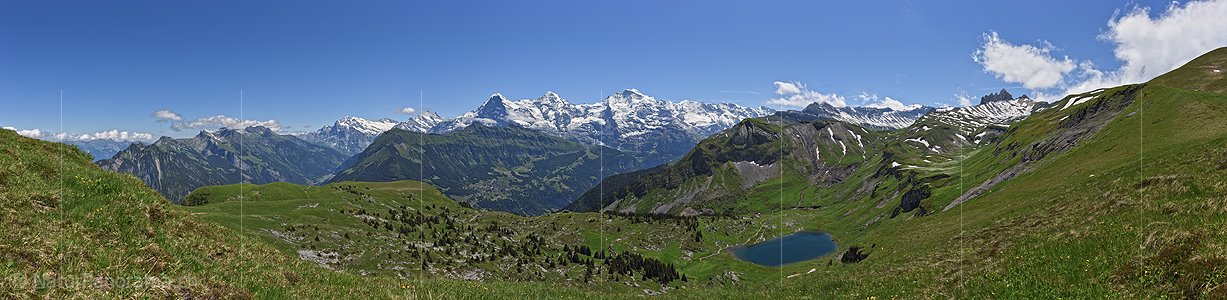 P018067b: Panoramic image Green mountain landscape with Eiger, Mönch and Jungfrau