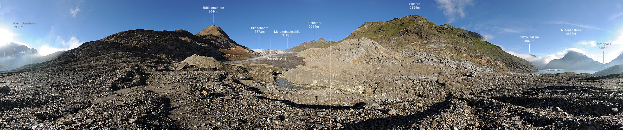 P010366a: 360° Panorama Griesgletscher (Vorfeld und Gletscherzunge, Stand 8.2012)
