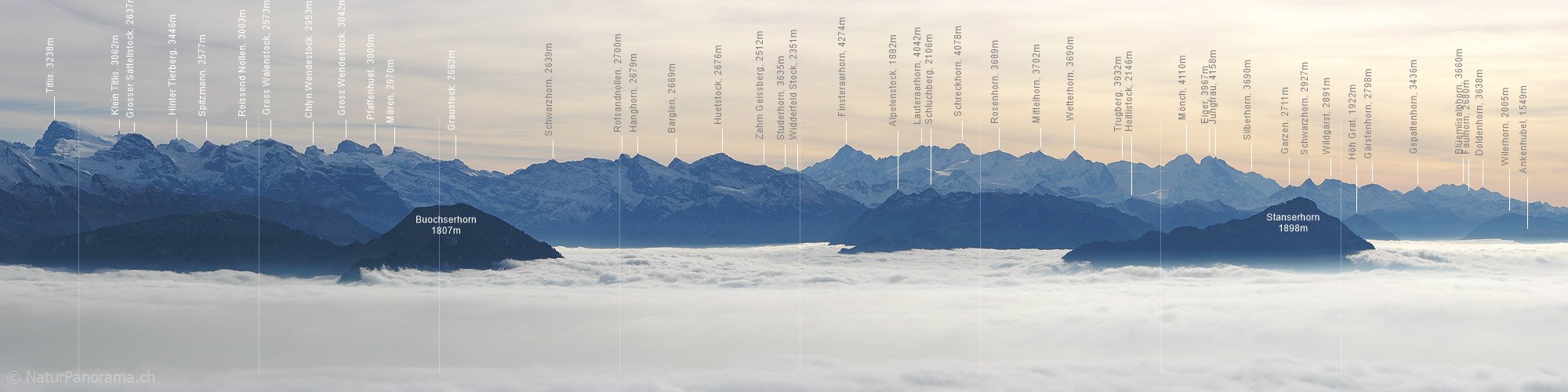 P001561b: Panorama Rigi Rotstock: Titlis bis Wilerhorn