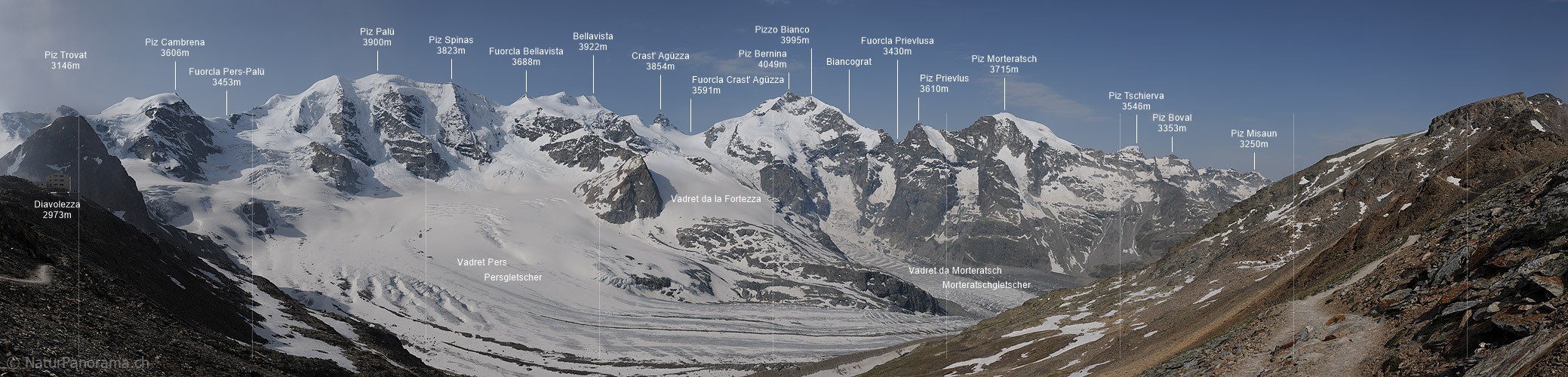 P003742e: Hochauflösendes Panoramafoto Piz Palü - Piz Bernina - Piz Morteratsch (Berninagruppe)