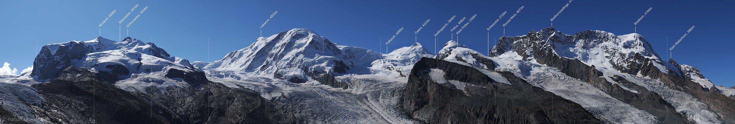 P004042a: Panoramabild Nordend, Dufourspitze, Liskamm, Castor, Pollux, Breithorn