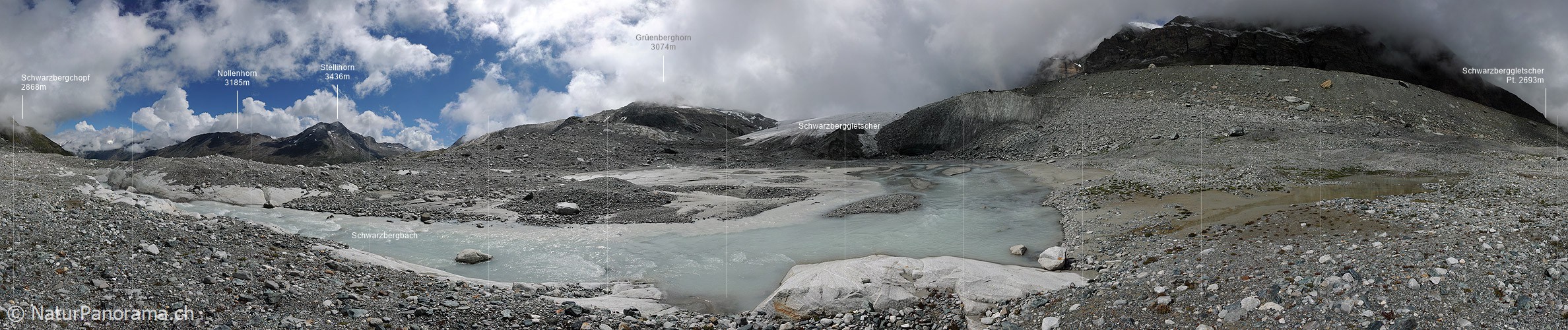 P006546: Panorama Gletscherbach, Gletschervorfeld, Gletschertor und Gletscherzunge des Schwarzberggletschers (Stand  7.2010)