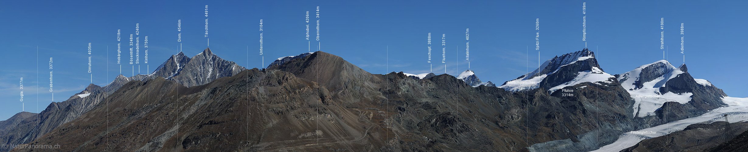 P006763d: Panoramabild Dom, Täschhorn, Alphubel, Allalinhorn, Rimpfischhorn und Strahlhorn