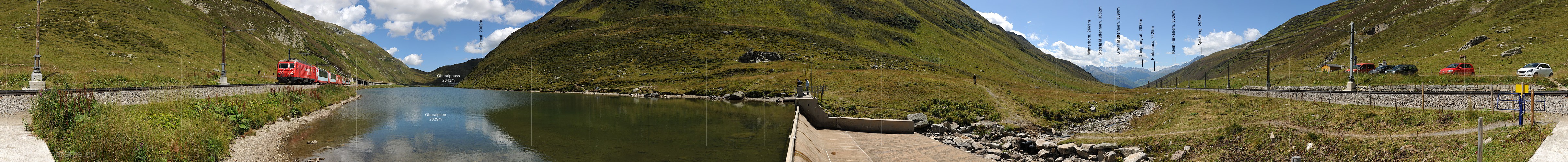 P008233: 360° panorama Glacier express train in the Oberalp lake.
