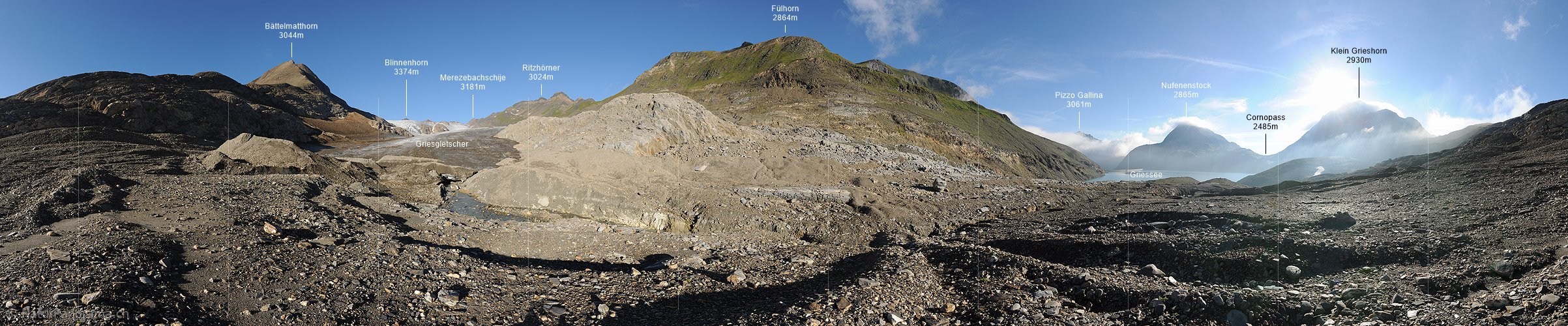 P010366: 360° Panorama Griesgletscher (Vorfeld und Gletscherzunge, Stand 8.2012)