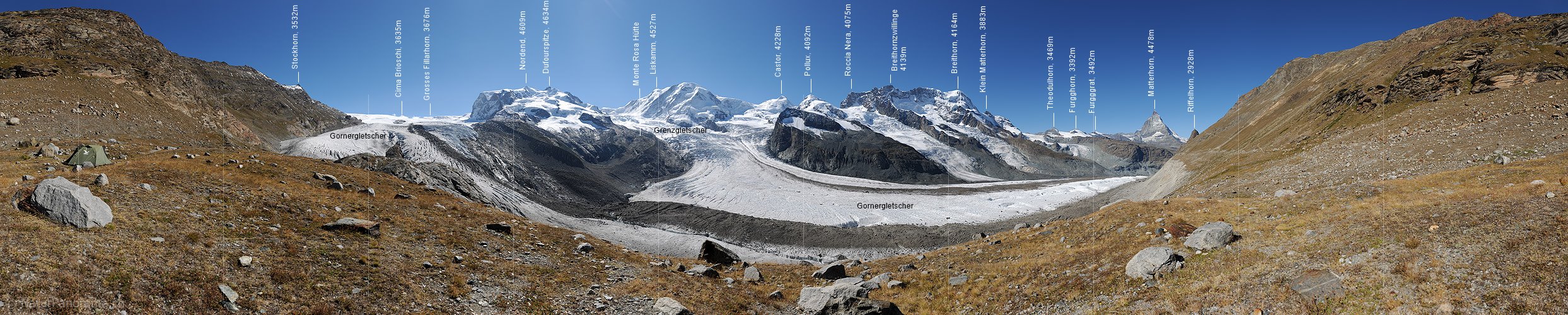 P010543: 360° Gigapixel-Panoramafoto Zermatter Bergwelt mit Monte Rosa, Liskamm und Gornergletscher