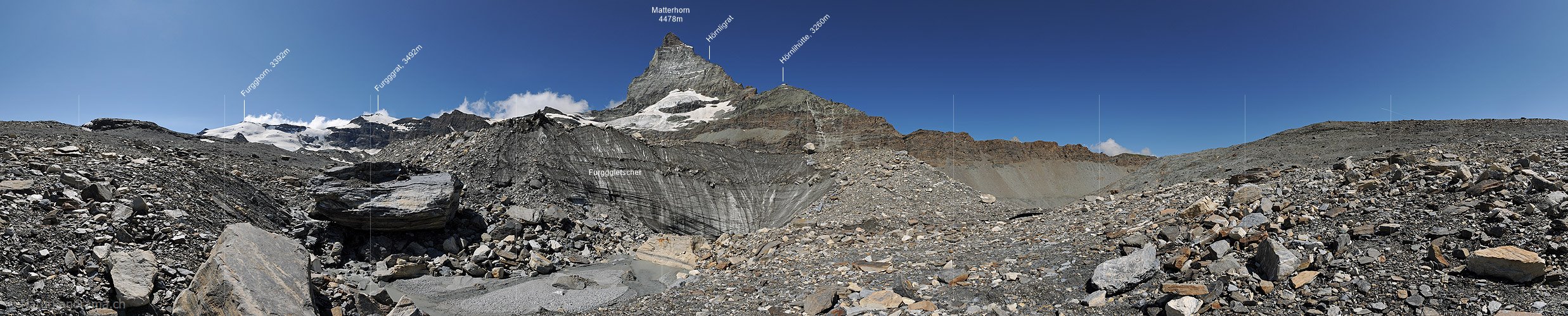 P013386: 360° Panoramafoto Gletscherschmelze am Fuss des Matterhorns (Stand 8.2013)