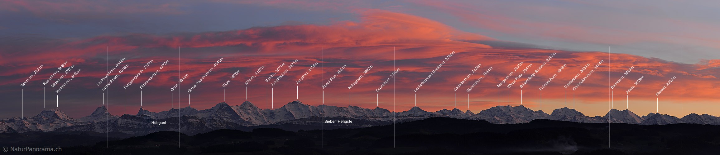 P015611b: Panoramic photo Evening with colored clouds over the Bernese Alps