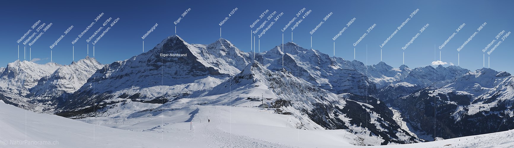 P015754f: Panoramic photo Bernese Alps with Eiger, Mönch and Jungfrau in winter