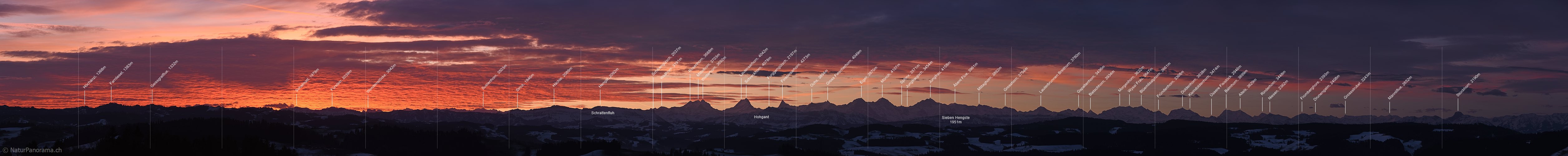 P017394a: Panorama photo Early morning with with glowing clouds over the Alps