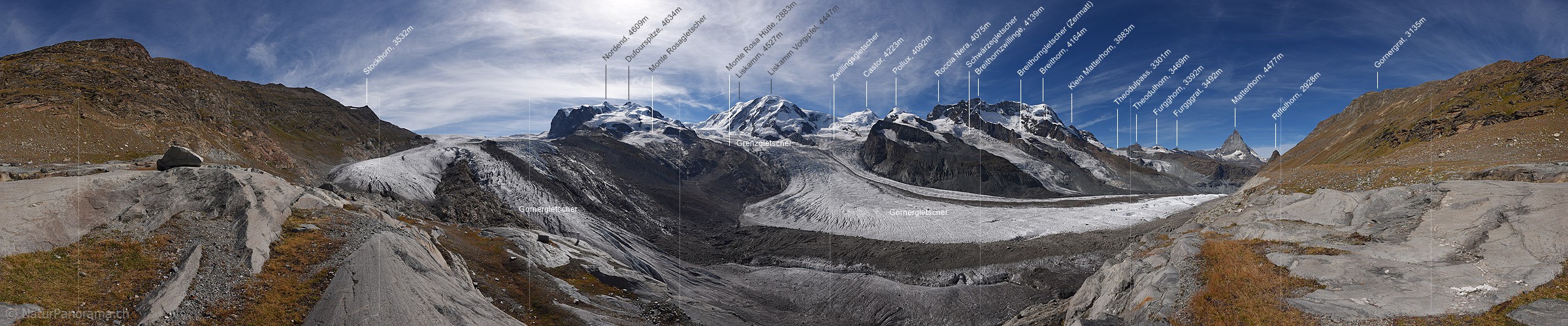 P018527: 360° Panorama photo Gorner glacier and Zermatter four thousand