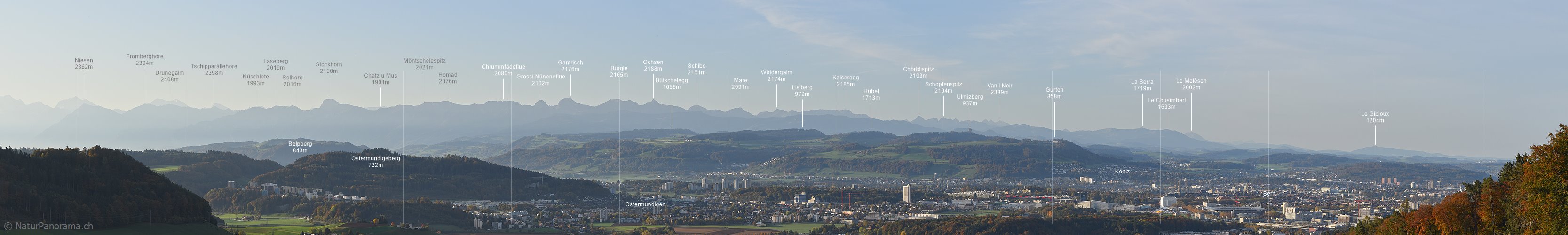 P023901a: Panoramafoto Stockhornkette, Gantrischkette, Kaiseregg, Le Moleson aus der Region Bern
