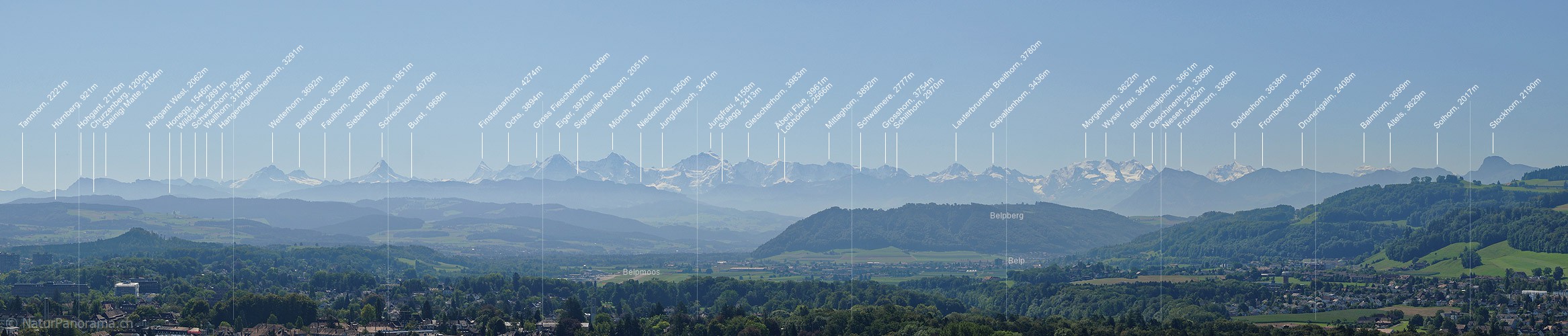 P008115a: Panoramafoto Berner Alpen von der Spitze des Berner Münsters