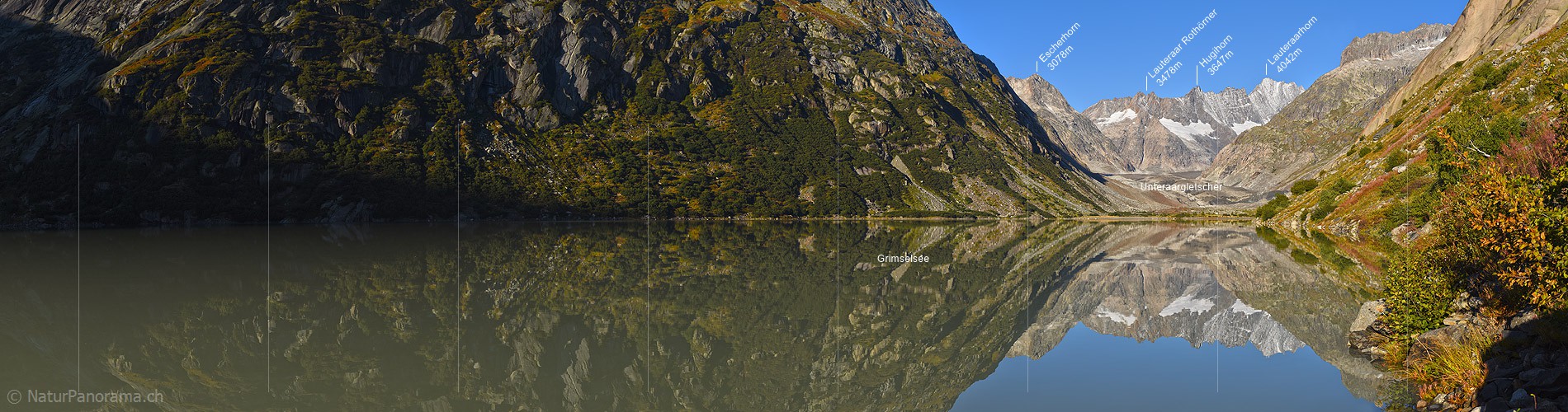 P022342b: Panoramafoto Spiegelung von Lauteraarhorn und Unteraargletscher im Grimselsee