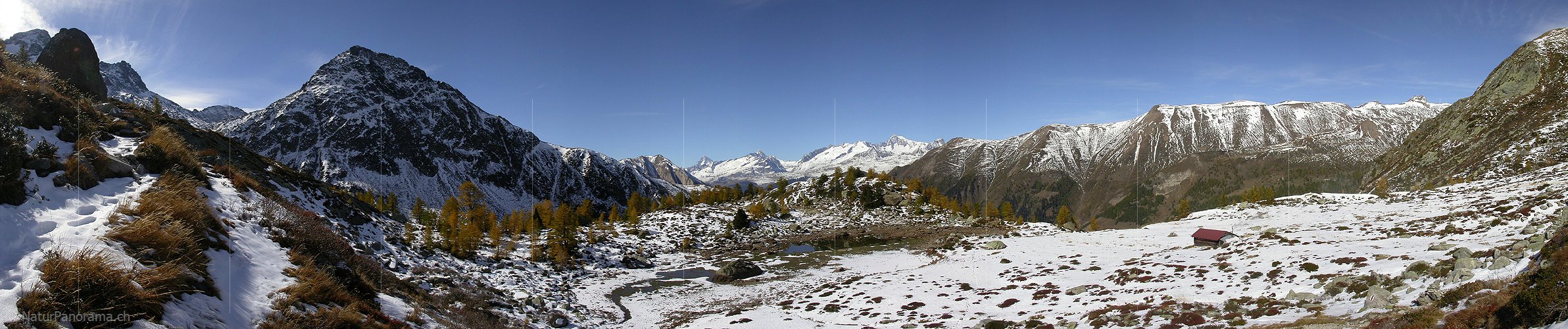 P000111: Panoramabild Erster Schnee am Mässersee, Binntal