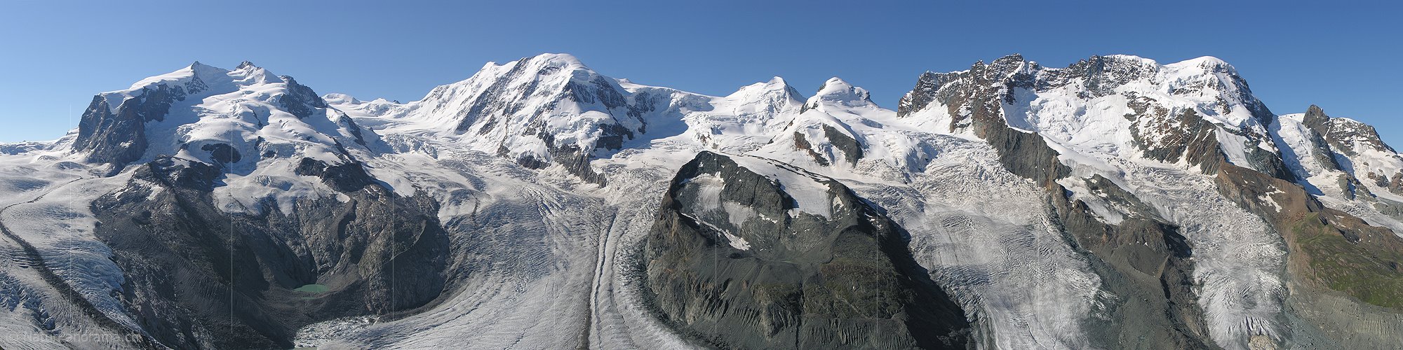 P001228a: Panoramabild Gornergrat mit Monte Rosa, Liskamm, Castor/Pollux und Breithorn