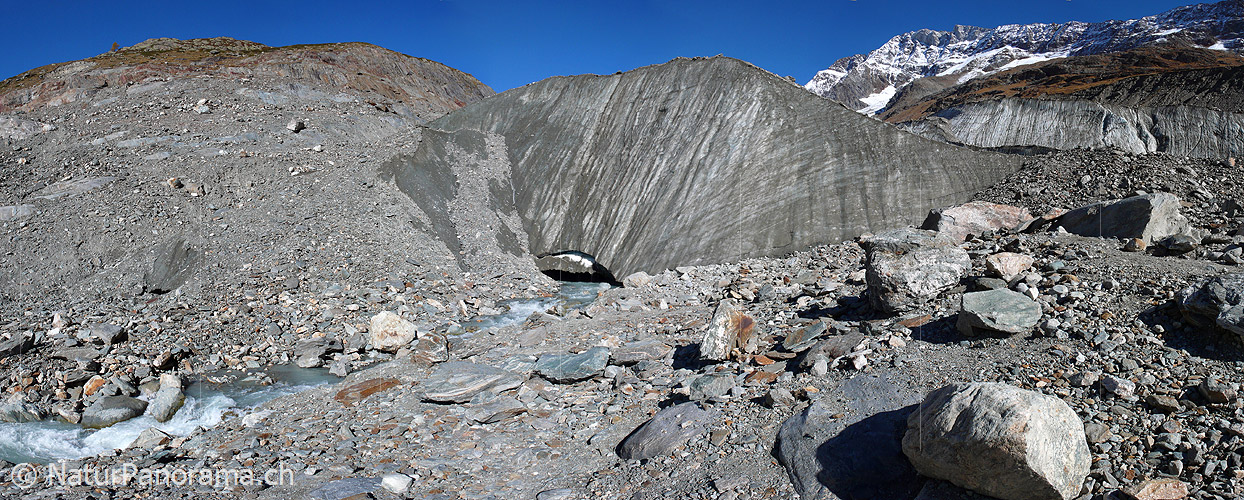 P001529: Panoramabild Gletscherbach und Gletschertor im Lötschental
