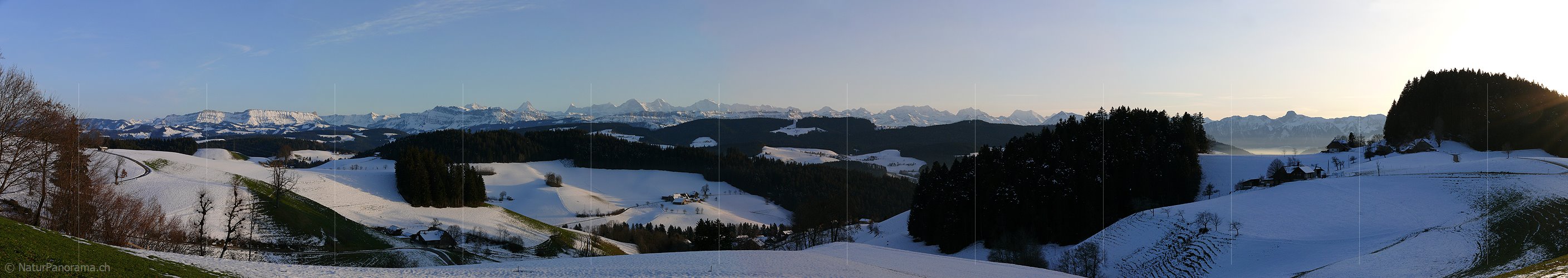 P001660: Panoramabild Emmental: Winterliche Hügellandschaft mit Berner Alpen