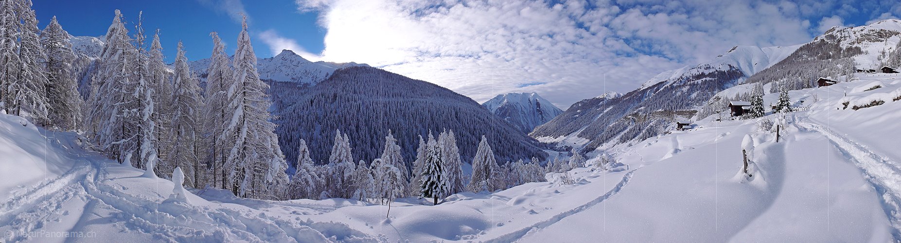 P001671: Panoramabild Neuschnee in Bergtal in den Alpen