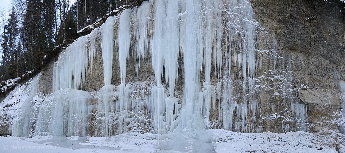 P003083: Panoramabild Grosse Eiszapfen an Felswand