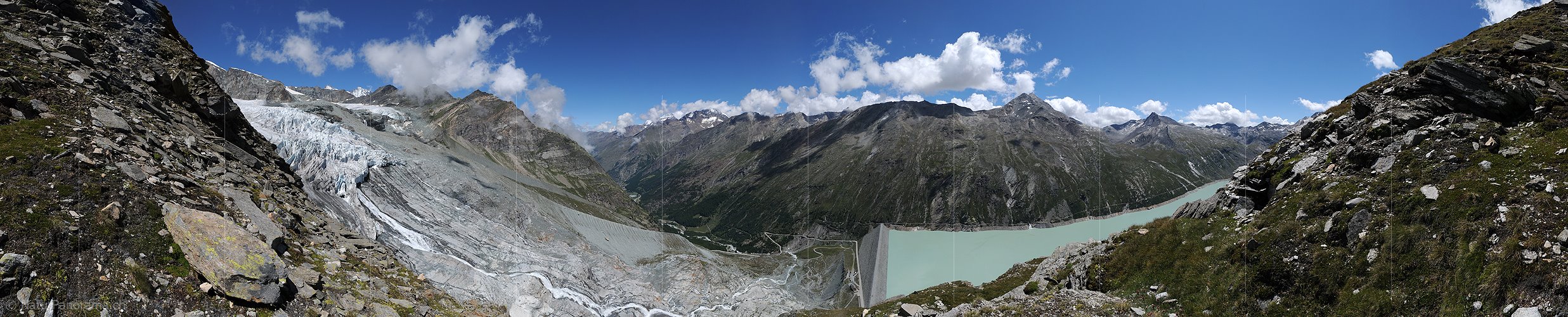 P003962: Panoramabild Gletscherabbruch Allalingletscher und Staudamm Mattmark