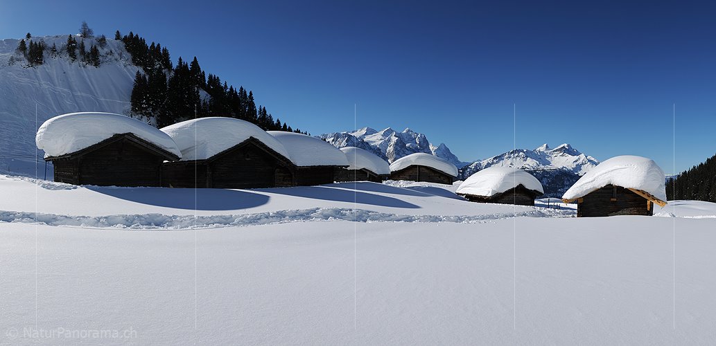 P004677: Panoramabild Alphütten vor Bergkulisse