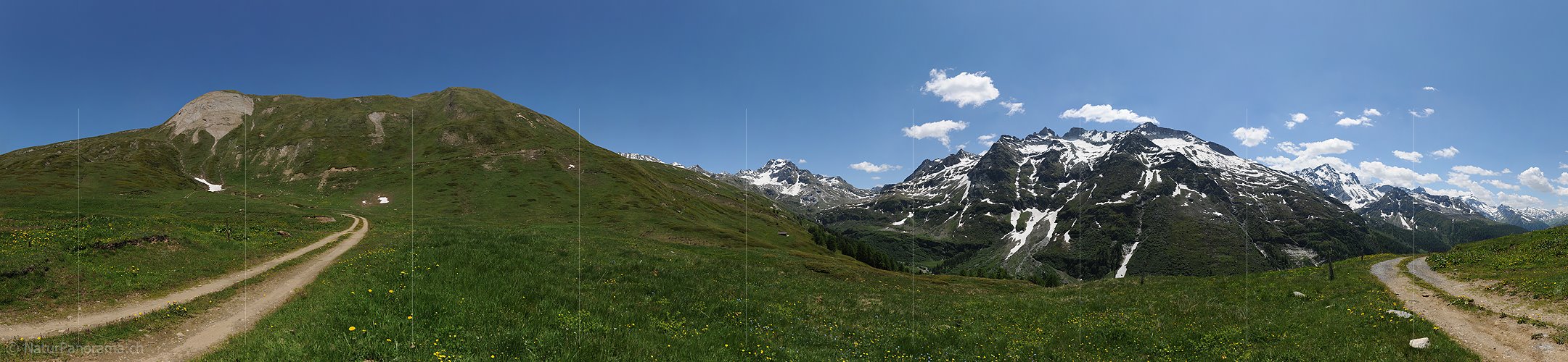 P006264: 360° Panoramabild Berglandschaft mit Alpweiden und Alpstrasse