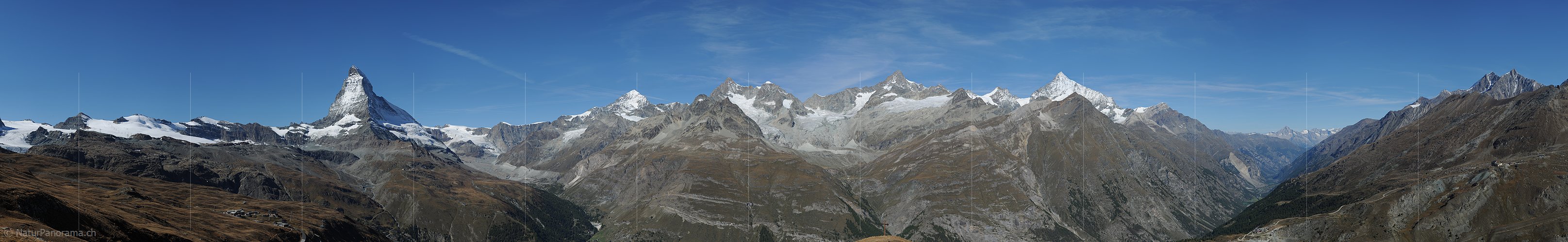 P006763e: Panoramafoto Matterhorn, Dent Blanche, Ober Gabelhorn, Zinalrothorn, Weisshorn, Mischabel