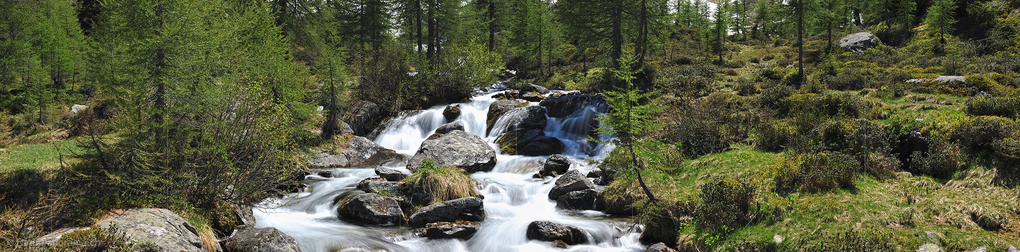 P007645b: Panoramafoto Gestufter Bergbach in Naturlandschaft