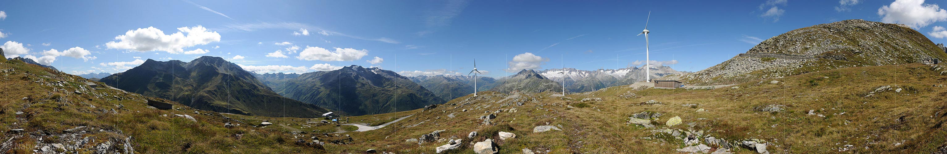 P008223: 360° Panoramic picture wind turbines in mountain landscape (Renewable energy)