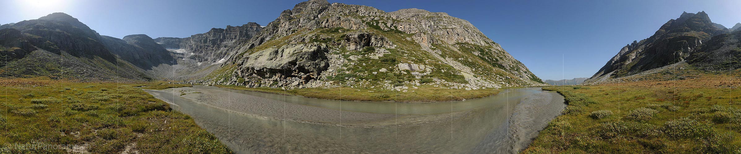 P008307: 360° panorama photo slow-flowing mountain stream with sandbank