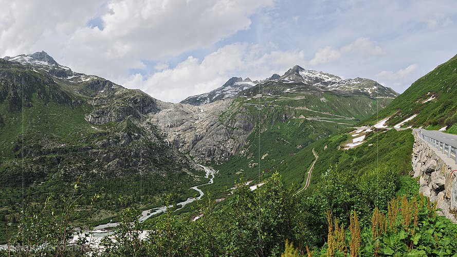 P016428: Panoramafoto Rhonegletscher, Furkapass und Belvedere