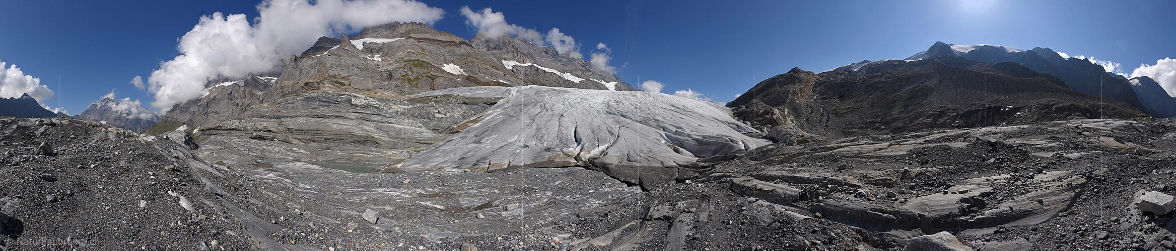 P018577: 360° Panoramic photo Glacier tongue and glacier foreland of Kanderfirn and Alpetli Glacier