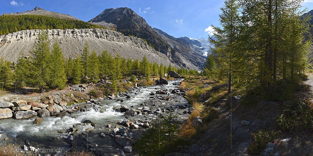 P022471: Panoramabild Grosser Bergbach in lichtem Lärchenwald