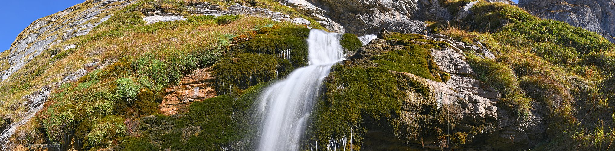 P022546: Panoramafoto Kleiner Wasserfall in Bergbach und Moos