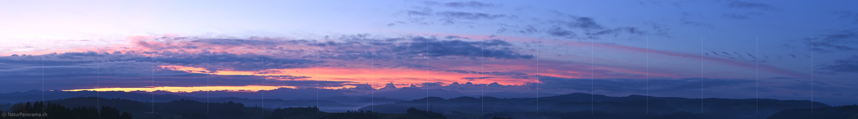 P023874: Panoramafoto Morgenstimmung mit glühendem Himmel über den Berner Alpen